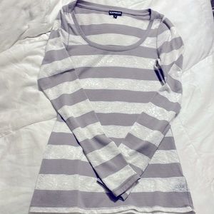 Express - White Lace & Gray Striped L/S Top - XS